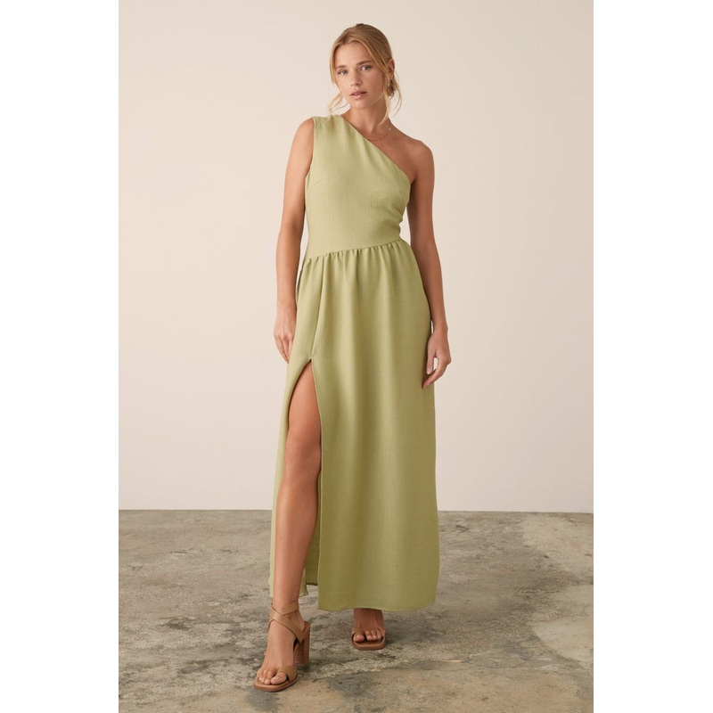 Palazzo Pistachio One Shoulder Midi Dress
