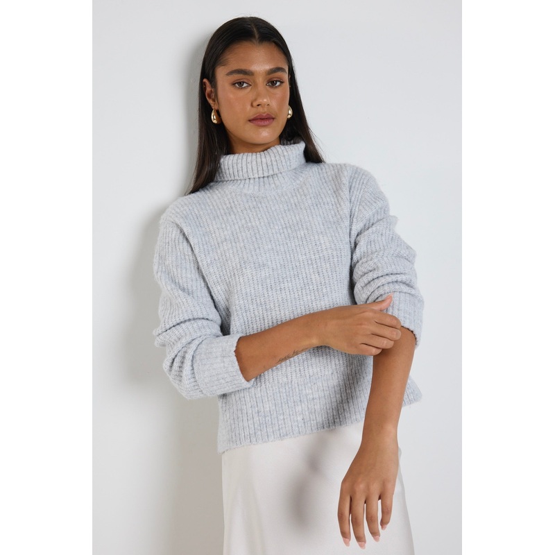 Penelope Light Grey Marle Roll Neck Knit Jumper