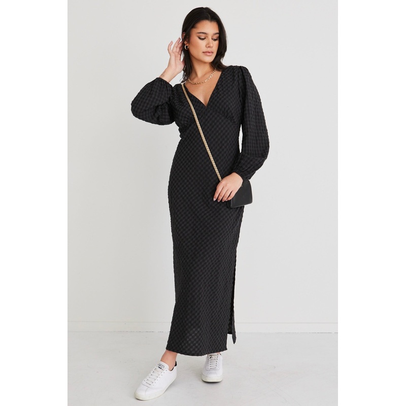 Phoenix Charcoal Gingham LS Bias Midi Dress
