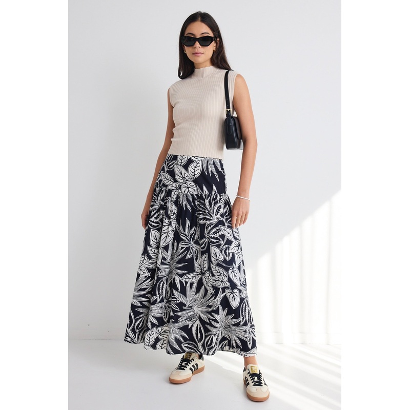 Pisces Black Leaf Tiered Maxi Skirt