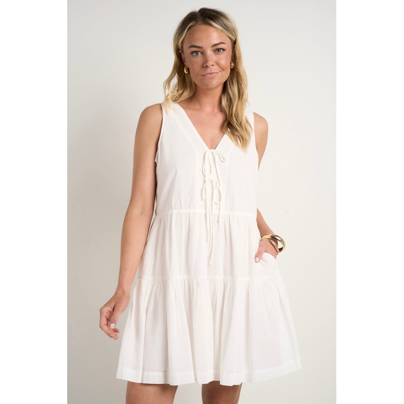 Pivot White Cotton Sleeveless Tiered Mini Dress