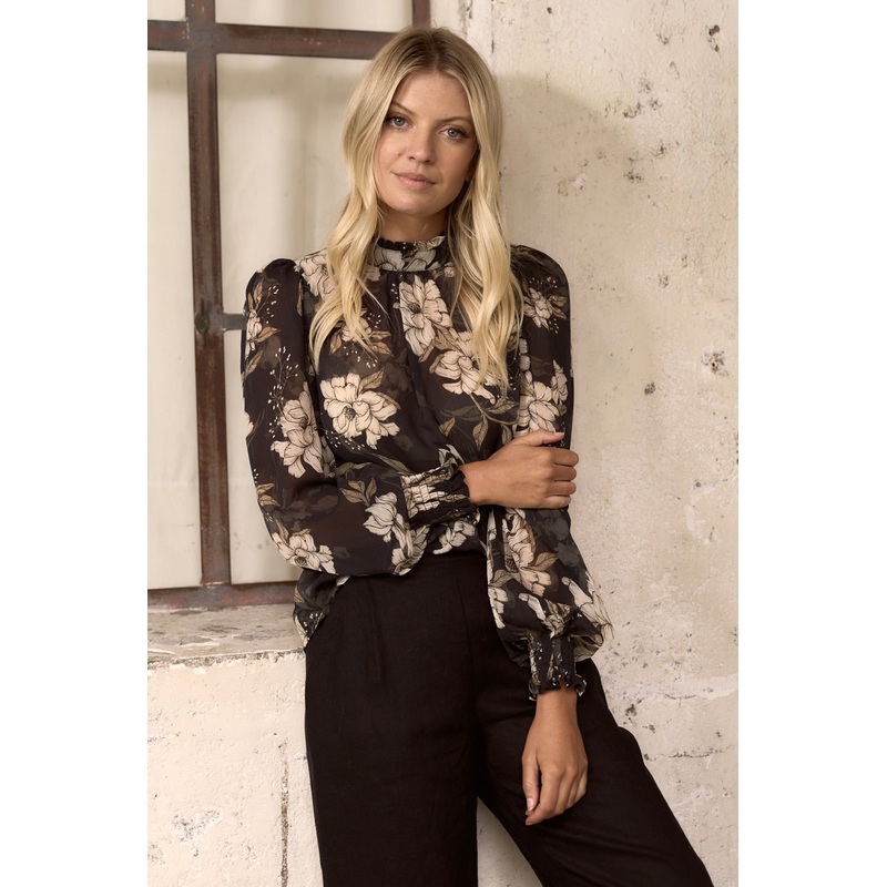 Poet Black Floral Long Sleeve High Neck Top