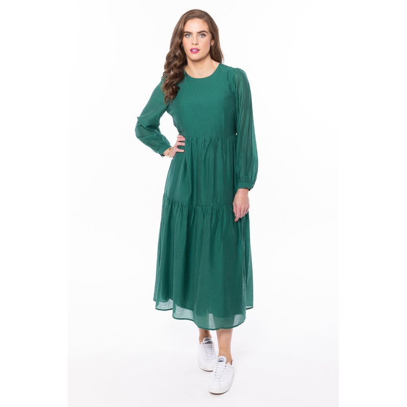 Prediction Palm Green LS Tiered Midi Dress