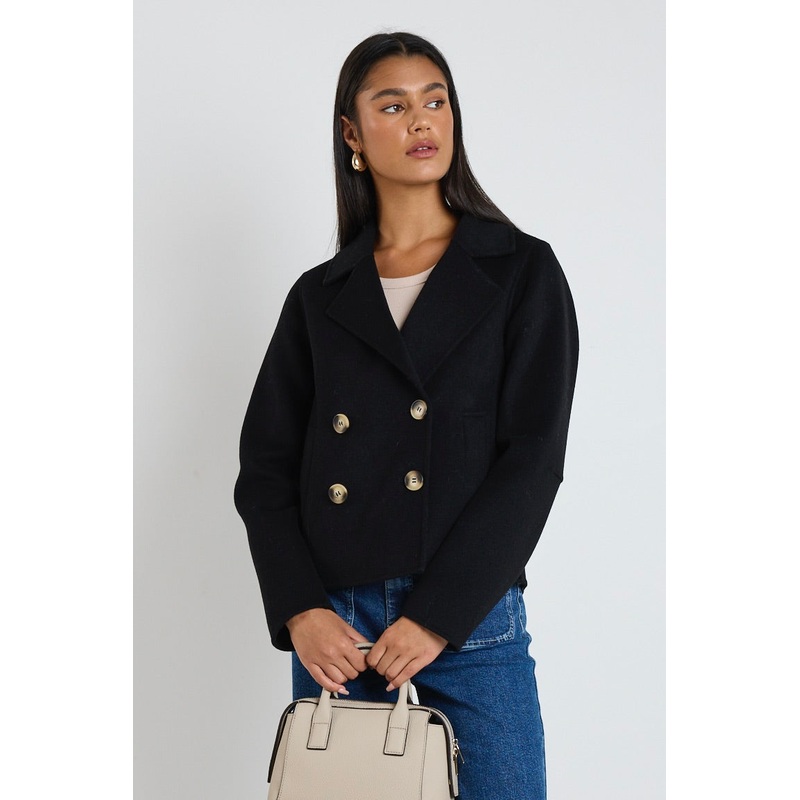Prestige Black Marle Wool Blend Short Double Breasted Coat