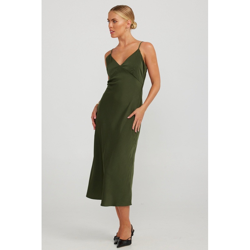 Rafaela Dark Olive Strappy Midi Dress
