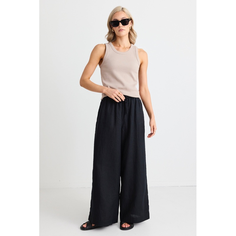 Resort Black Linen Tie Waist Pull On Wide Pants