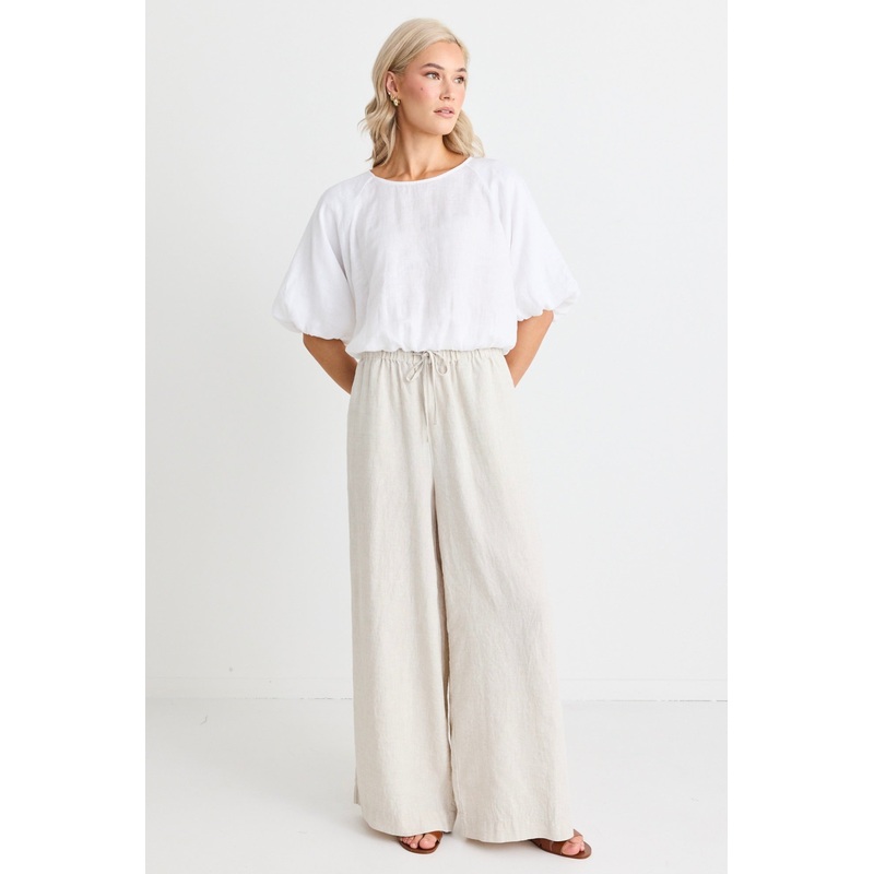 Resort Natural Linen Tie Waist Pull On Wide Pants