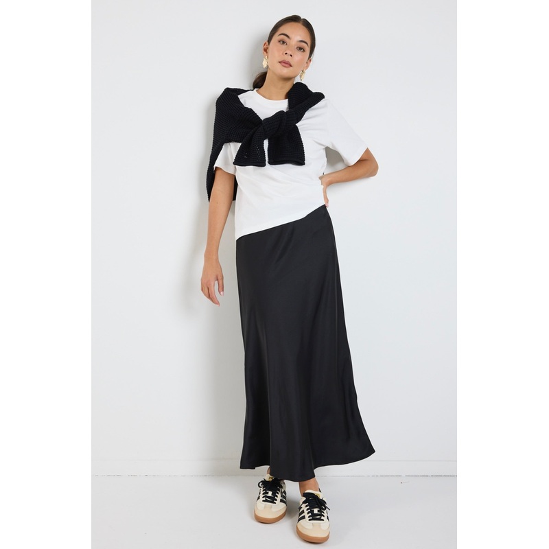 Rosette Black Satin Bias Midi Skirt