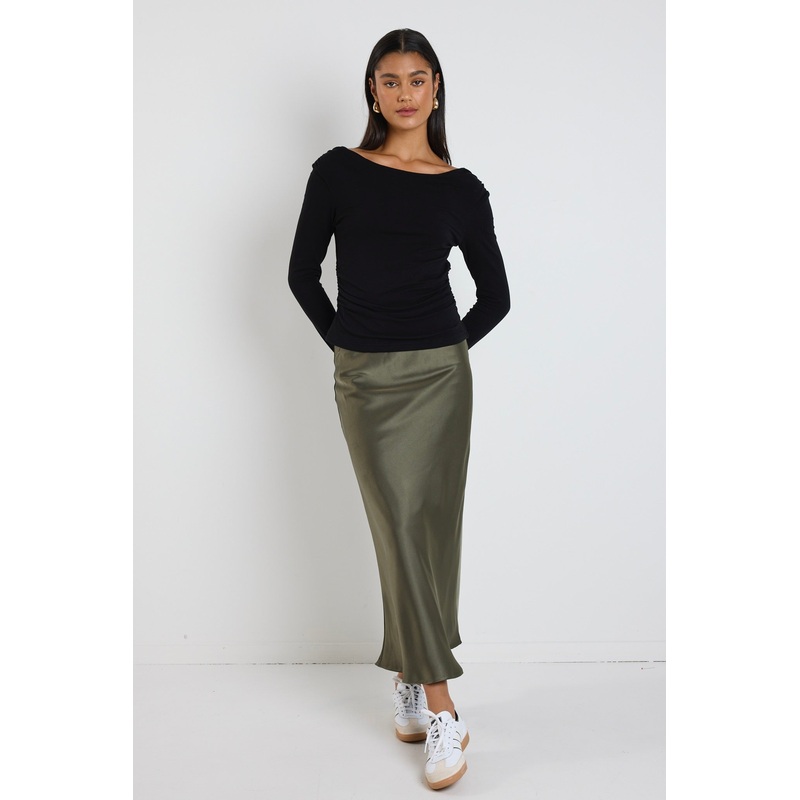 Rosette Khaki Satin Bias Midi Skirt