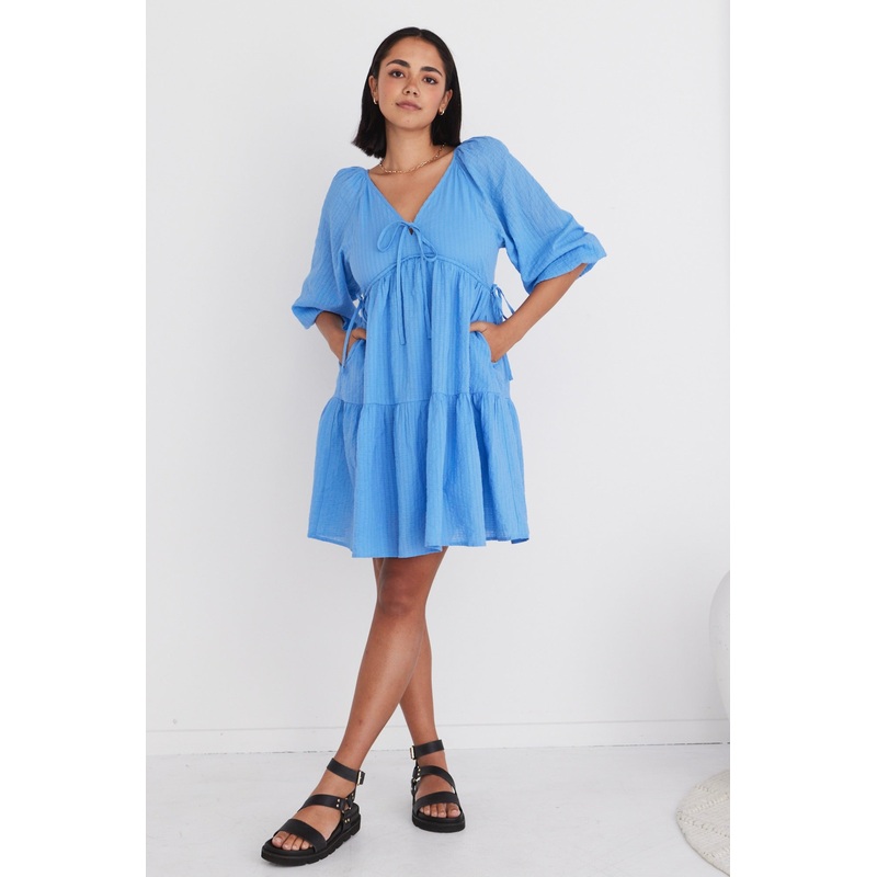 Run Free French Blue Puff SS Shirred Bodice Tiered Mini Dress