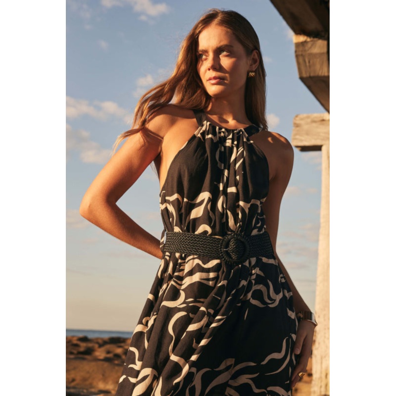 Sandy Wave Black Print High Neck Midi Dress