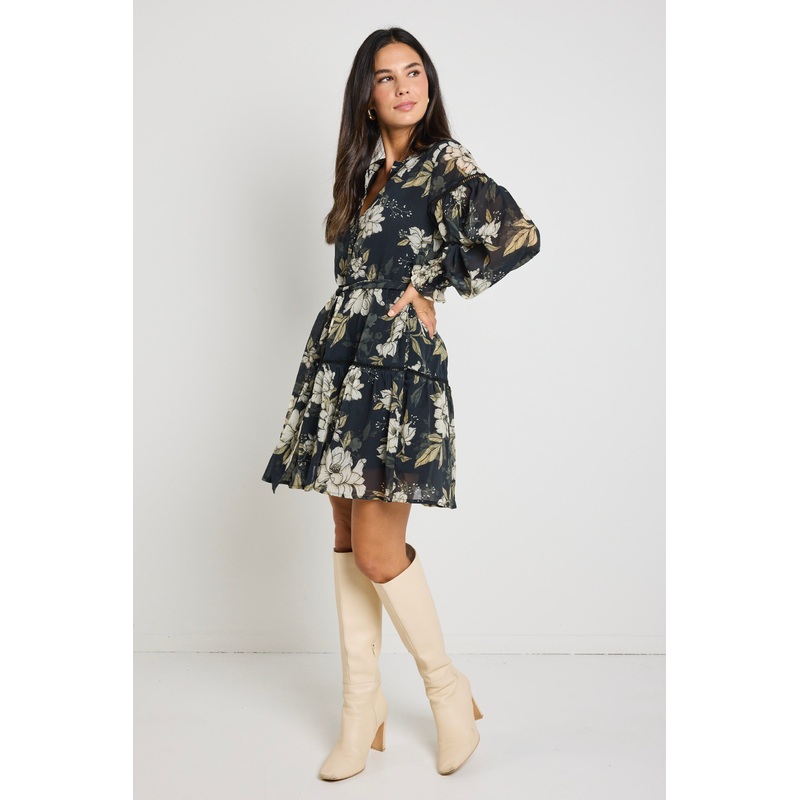 Script Black Floral Balloon Sleeve Mini Shirt Dress