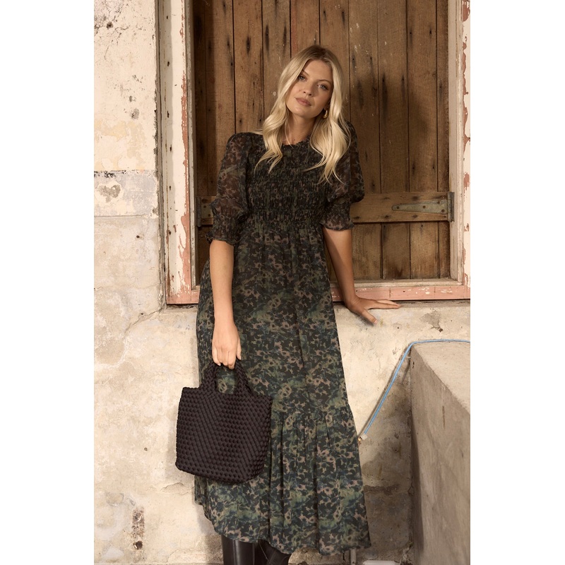 Showcase Khaki Ditsy Print Georgette Puff Sleeve Tiered Maxi Dress