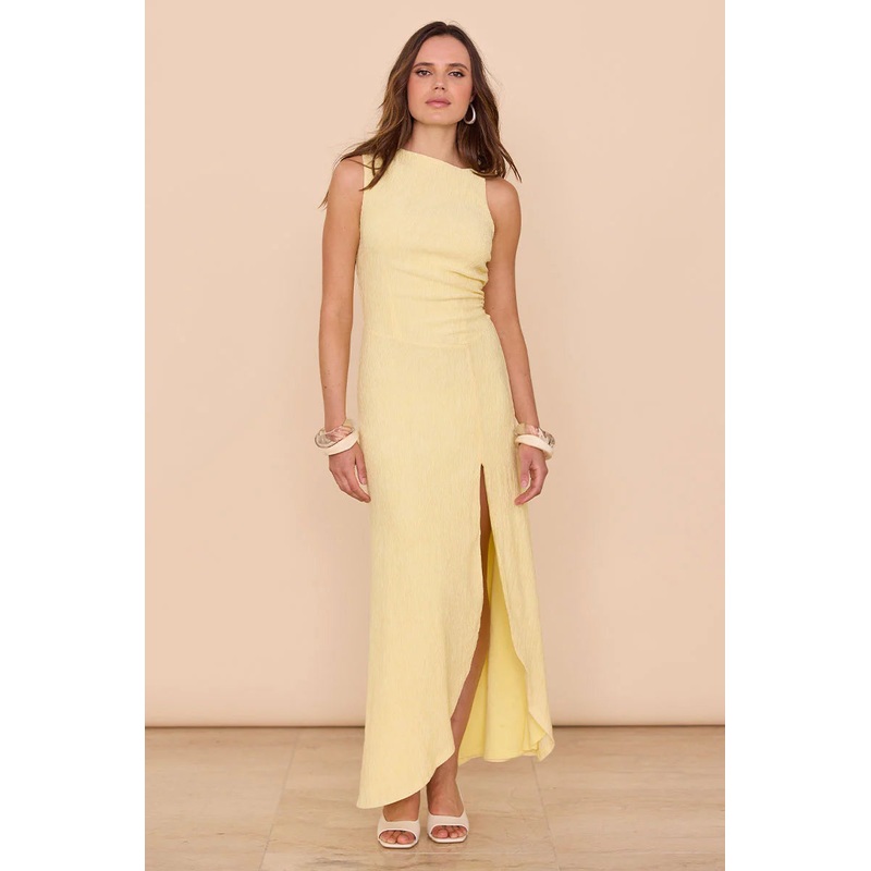 Summon Soft Yellow Textured Scoop Split Maxi Dress