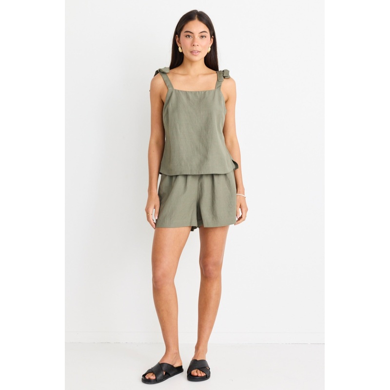 Village Khaki Linen Blend Pull On Shorts