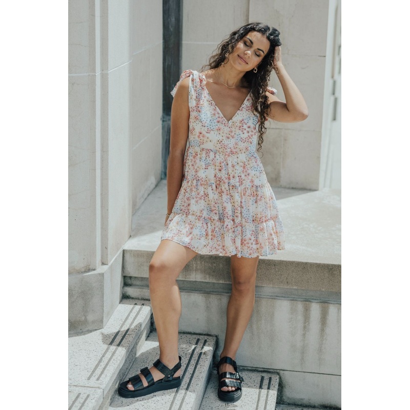 Wondering Shoulder Tie Sheer Pink Floral  Tiered Mini Dress