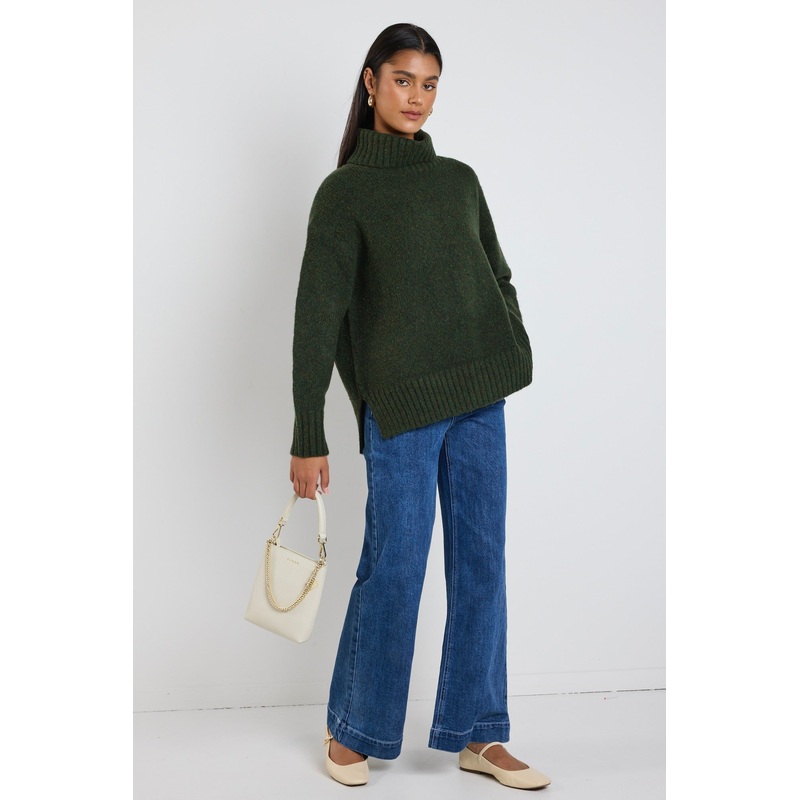 Zealous Dark Khaki Roll Neck Super Soft Knit Jumper