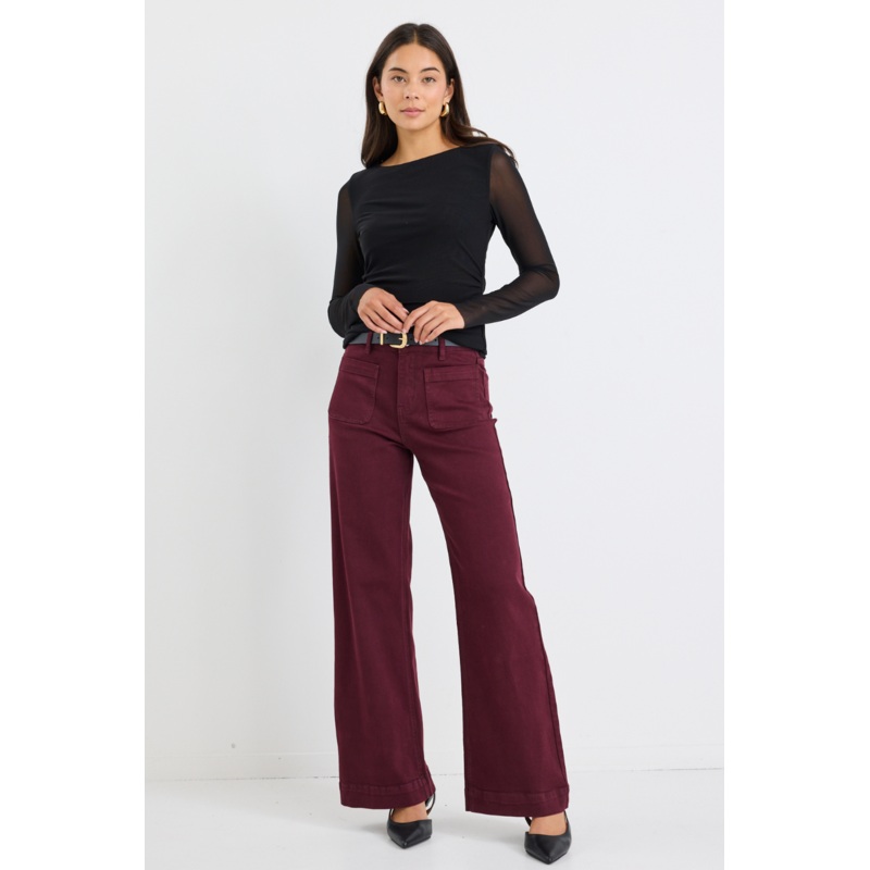 Zoey Burgundy Plum High Rise Wide Leg Pocket Jean
