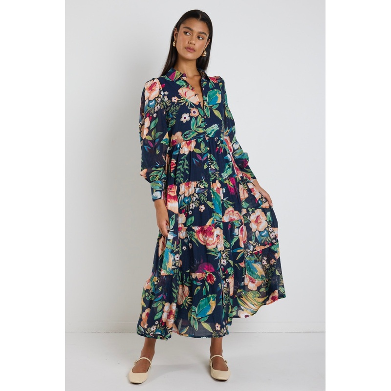 Adair Navy Vibrant Floral Long Sleeve Tiered Shirt Style Maxi Dress