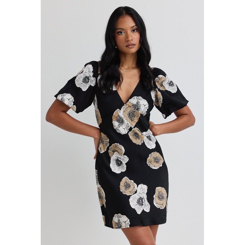 Amour Black Floral Satin Bubble Sleeve Mini Dress