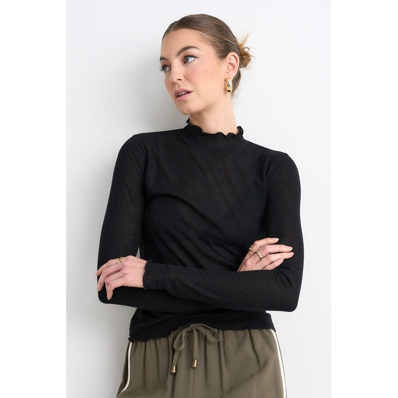 Asher Black LS Lettuce Edge Knit Top