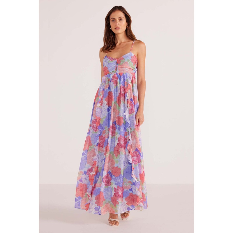 Belle Blue Spring Blooms Ruffle Maxi Dress