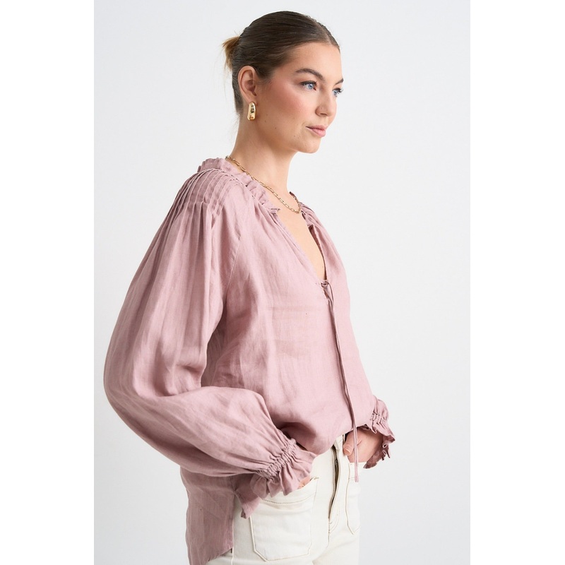 Birch Pink Clay Linen Pintuck Shoulder Tie Neck Top