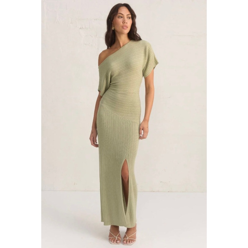 Celeste Sage Off Shoulder SS Knit Maxi Dress