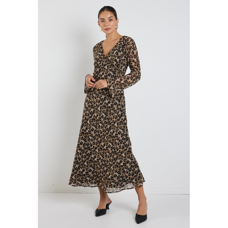 Chateau Leopard Georgette Fluted Sleeve V Bias Midi Dress