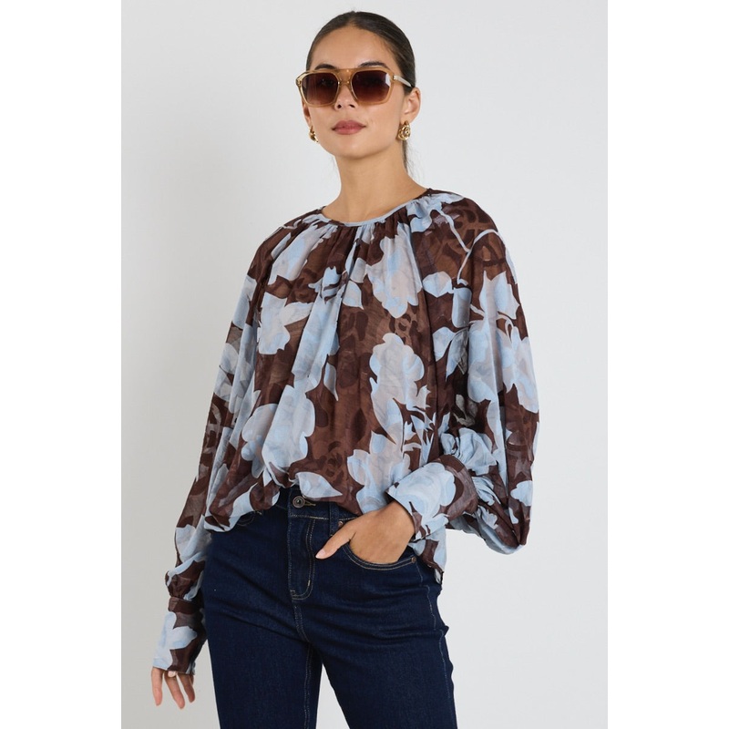 Cosmopolitan Chocolate Blue Floral Crew Neck Floaty LS Top