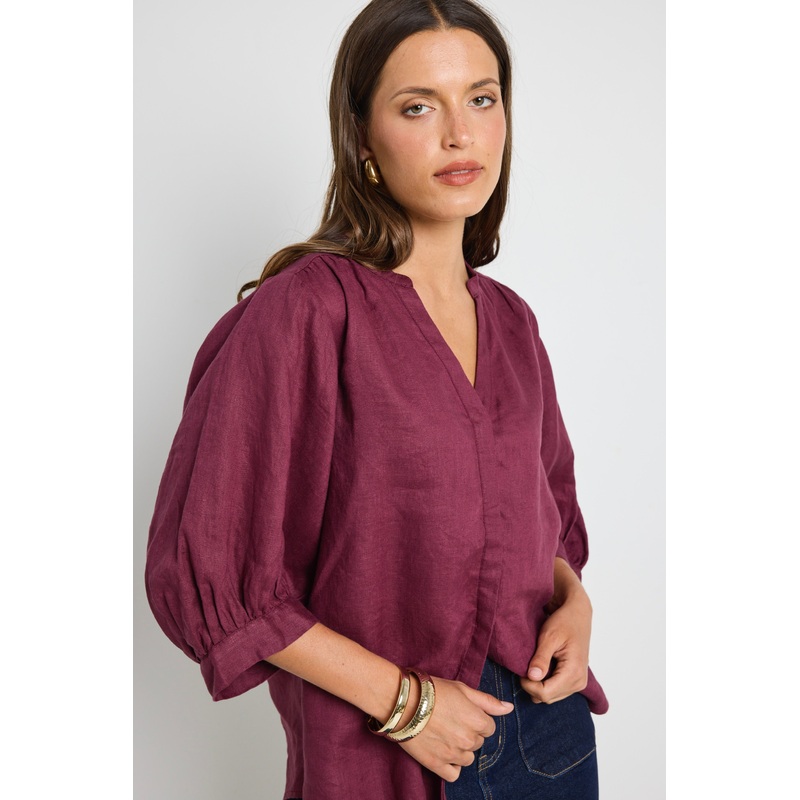 Deity Burgundy Plum Linen Button Through Puff Sleeve Ss Blouse