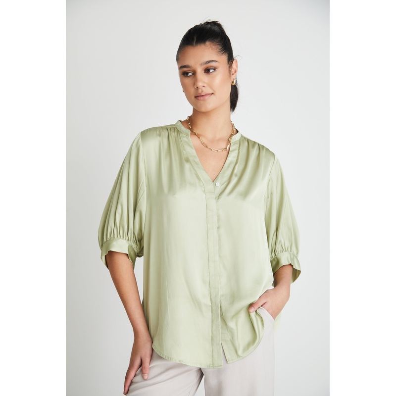 Deity Sage Satin Button Through Puff Sleeve Ss Blouse