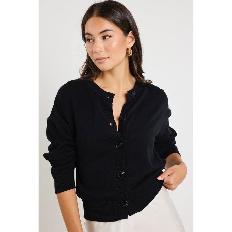 Delight Black Cotton Fine Knit Crew Cardigan
