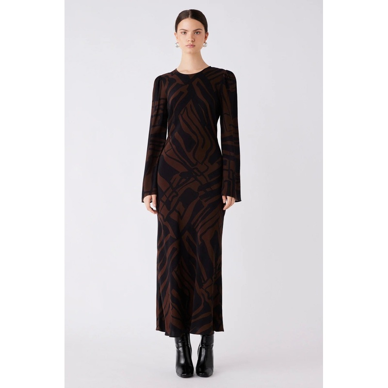 District Chocolate Print LS Maxi Dress