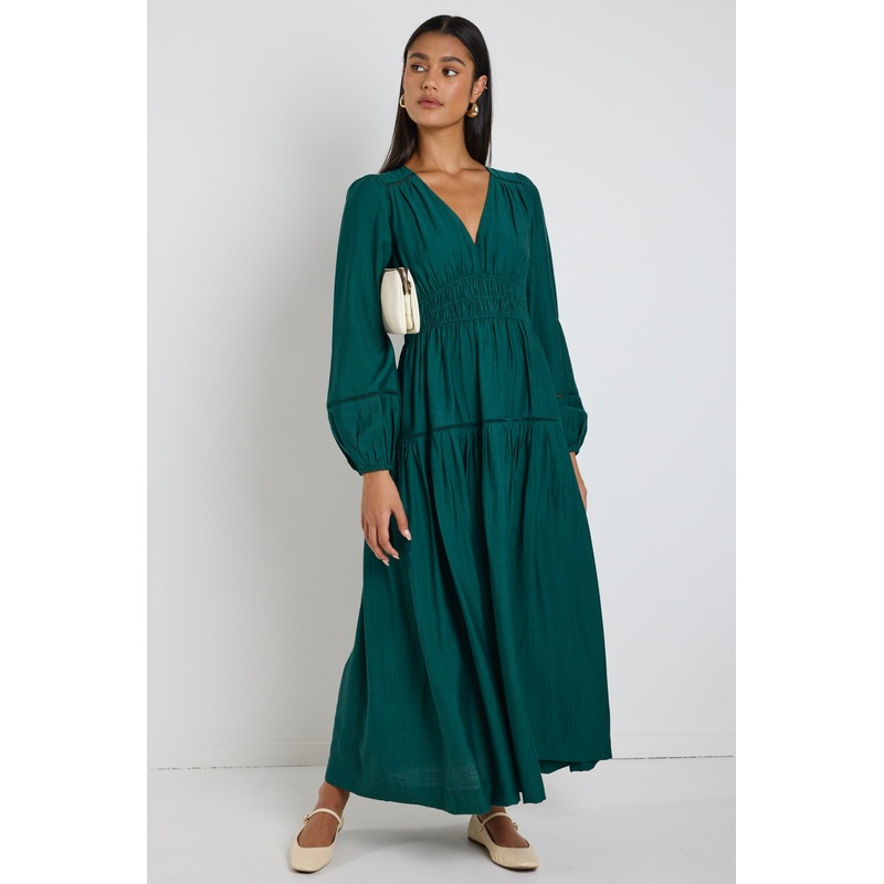 Divine Forest Balloon Sleeve Tiered Maxi Dress