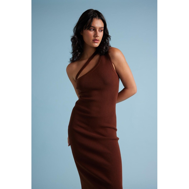 Dusk Brown One Shoulder Knit Midi Dress