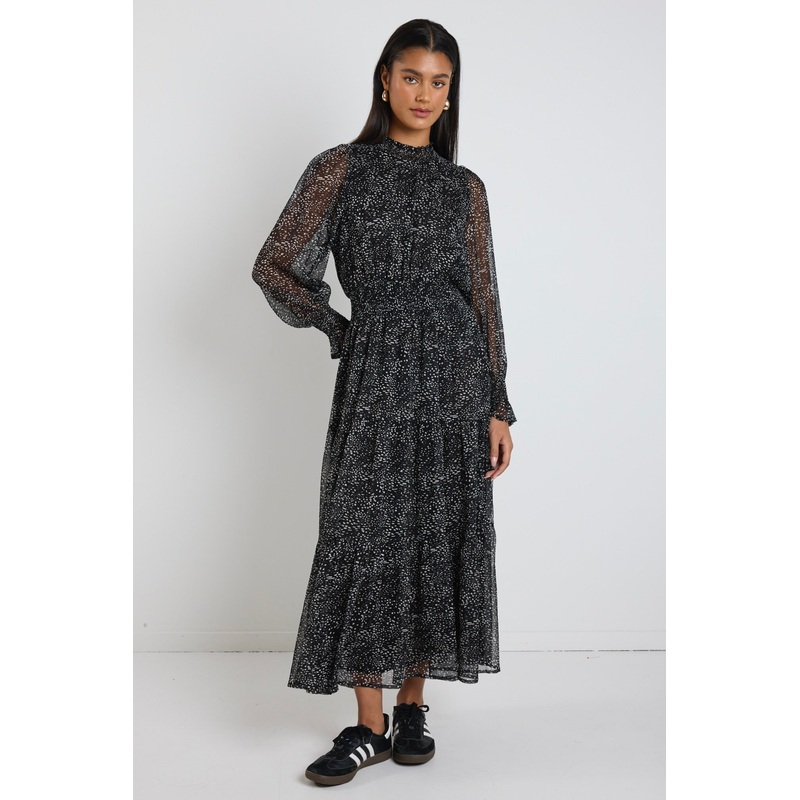 Ebony Black Grey Spot LS Shirred Neck Midi Dress