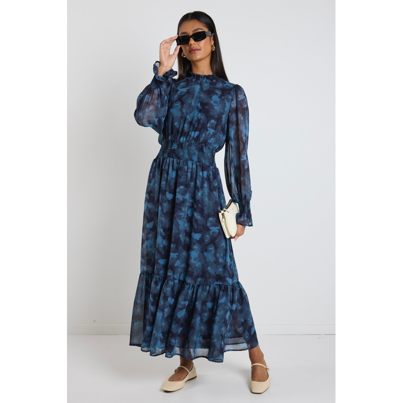 Ebony Blue Smudge LS Shirred Neck Midi Dress