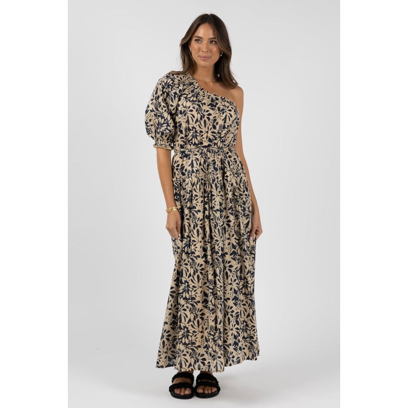 Eden Navy Print One Shoulder Midi Dress