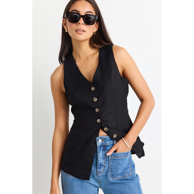 Eiffel Black Linen Viscose Fitted Longline Vest