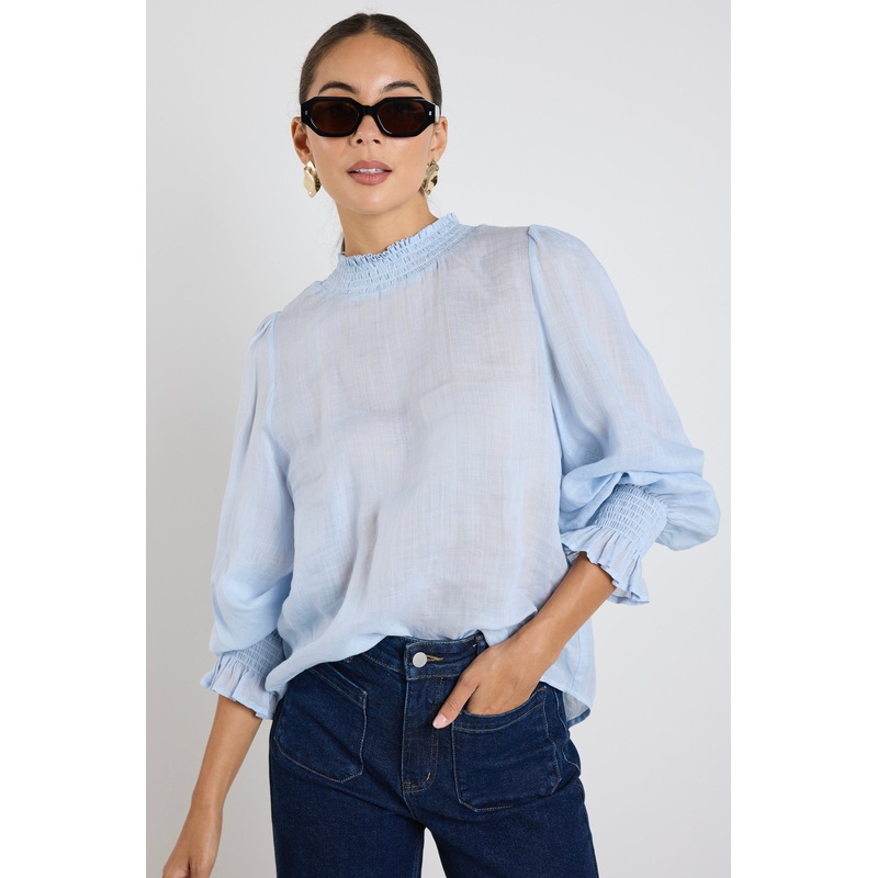 Embrace Ice Blue Ramie Shirred Neck LS Top