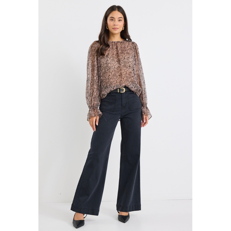 Endless Black Taupe Roses Georgette Blouson Sleeve LS Top