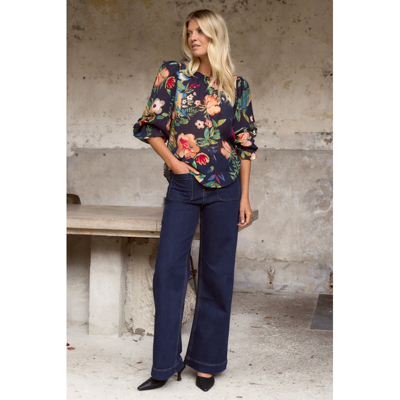 Endless Navy Vibrant Floral Blouson Sleeve LS Top