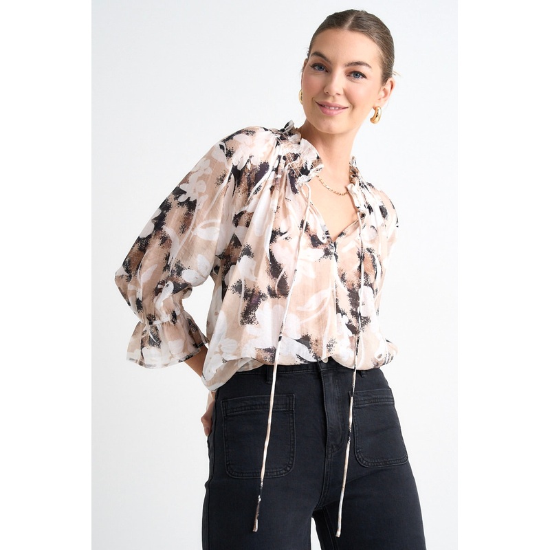 Expedition Beige Abstract Floral Shirred Neck Short Sleeve Top