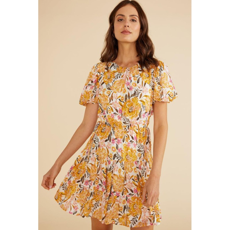 Ezra Marigold Floral SS Puff Mini Dress