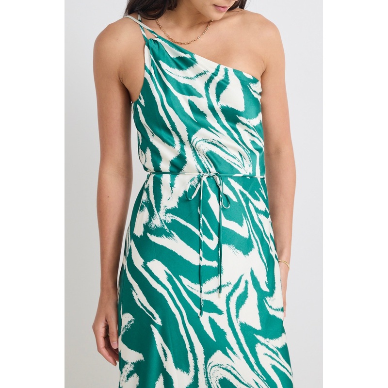 Fame Green Zebra Satin One Shoulder Bias Slip Dress