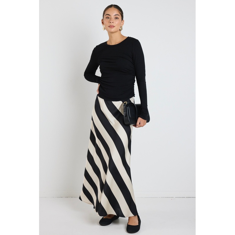 Fiery Black Sand Stripe Satin Bias Maxi Skirt