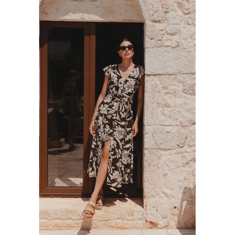 Flawless Chocolate Floral Fluted Sleeve Button Front Midi Dress