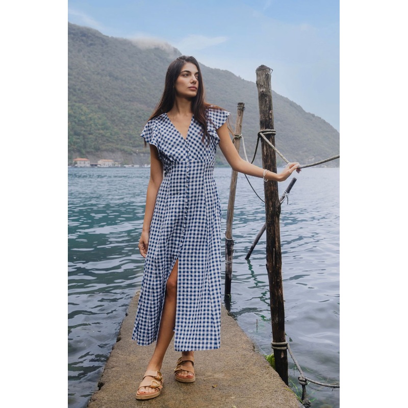 Flawless Navy Gingham Cotton Fluted Sleeve Button Front Midi Dress