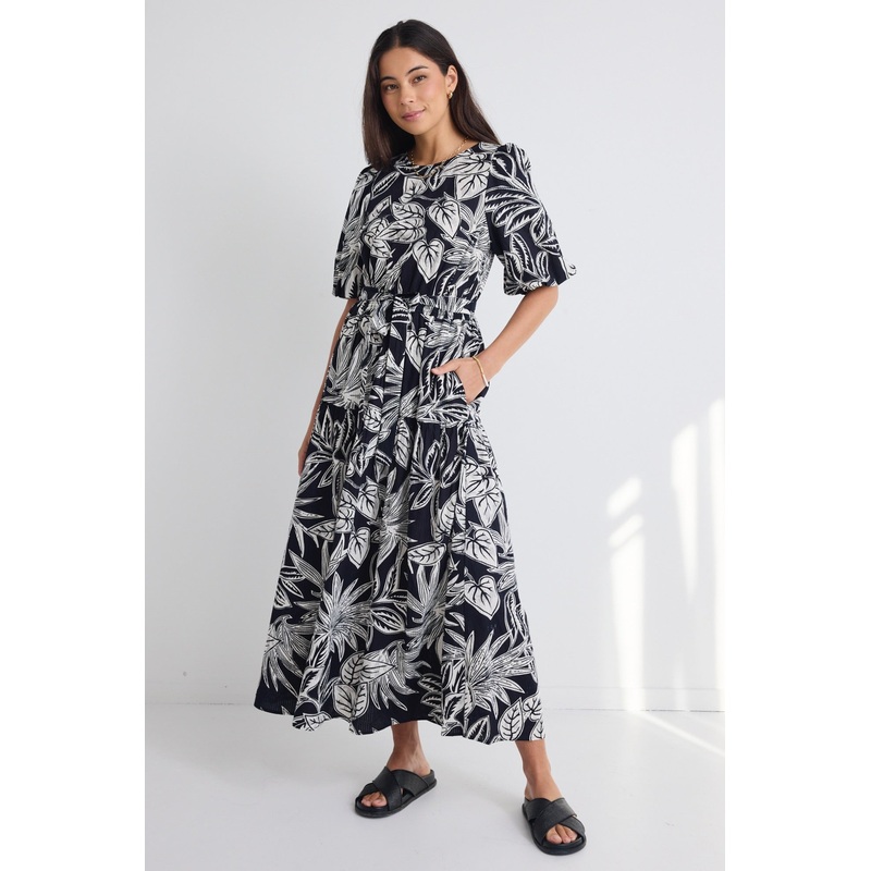 Floreana Black Leaf SS Elastic Waist Maxi Dress